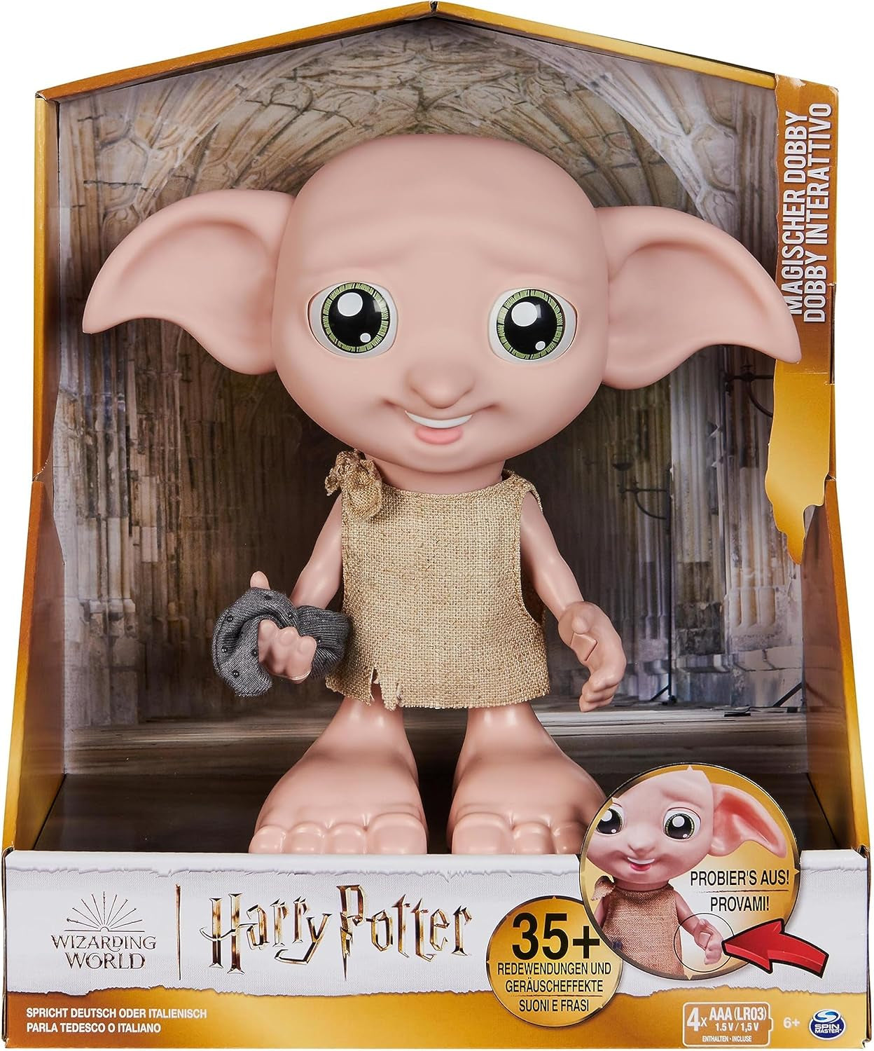 Wizarding World Harry Potter - Dobby House Elf interactieve pop met meer dan 30 geluiden, zinnen en bewegingen, Duits-Italiaans, speelgoed voor 6 jaar oud, fanartikelpoppen Naty Shop standaardtitel