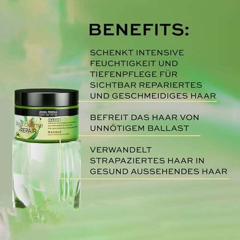 John Frieda - Deep Cleanse & Repair Mask/treatment - Inhoud: 250 ml - Met hennepzaadolie + voedende avocado - Kalmerend haarmasker voor beschadigd haar Naty Shop haarmasker
