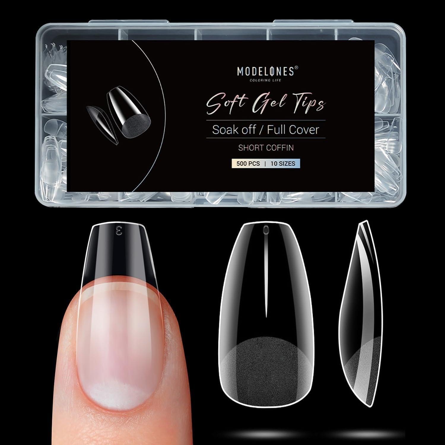 Modelones nageltips 510-delig - volledig dekkende nageltipsset, geltipsset, pre-polijst PMMA-hars nageltips, kunstnagels voor lijm op nail art DIY, korte Squoval