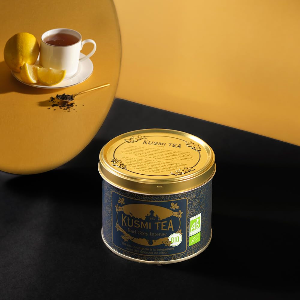 Kusmi Tea - Earl Grey Intense - Biologische Earl Grey zwarte thee met sterke bergamot en pittige citroen - losse thee - metalen doos van 100 g - hoeveelheid voor ongeveer 50 kopjes