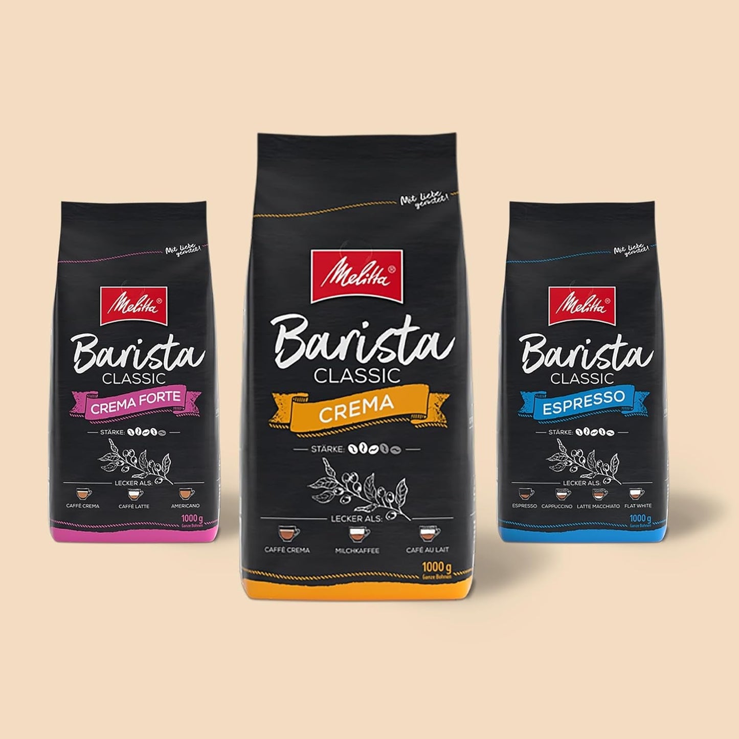 Melitta Barista Classic Crema Forte, Whole Kaffee-Bohnen 1kg, ungemahlen, Kaffeebohnen für Kaffee-Volautomat, kräftige Röstung, Stärke 4