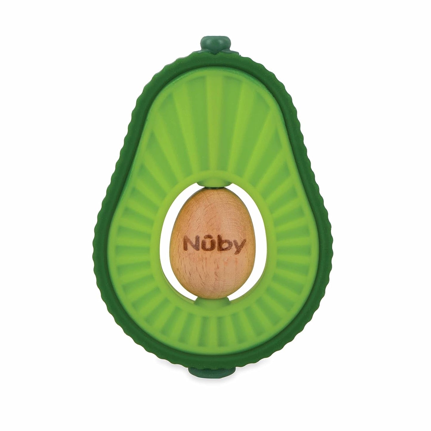 Nuby - Avocado Bijtring - Bijtring van siliconen en hout - Roterende houten kern - Bijtspeeltje voor baby's en peuters - Tandjeshulpmiddel - BPA-vrij - 6+ maanden