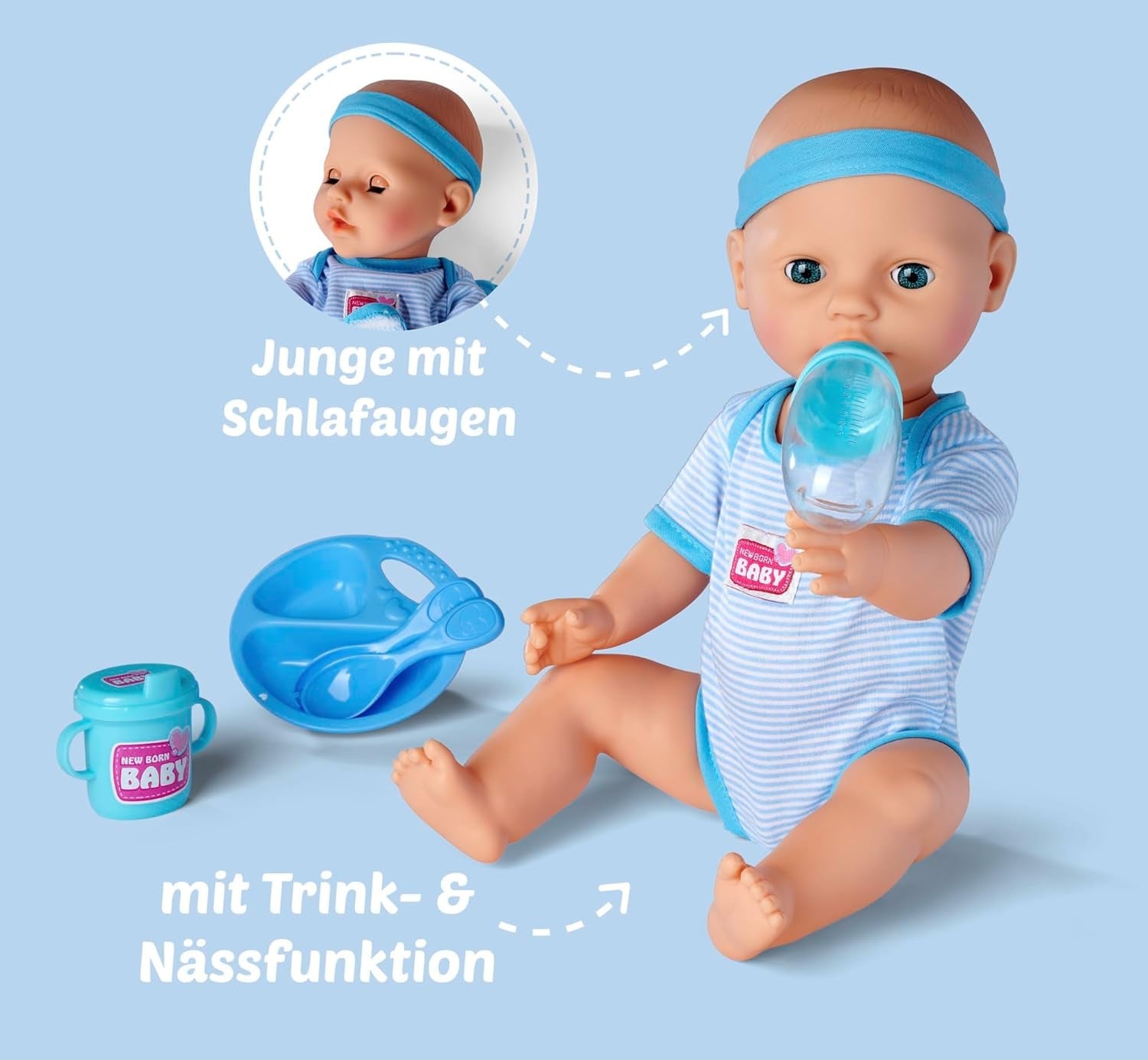 Simba 105030044 - pasgeboren pop - jongen, volledig vinyl pop met slaapogen, drink- en bevochtigingsfunctie en accessoires, 8 stuks, 43 cm, babypop, vanaf 3 jaar