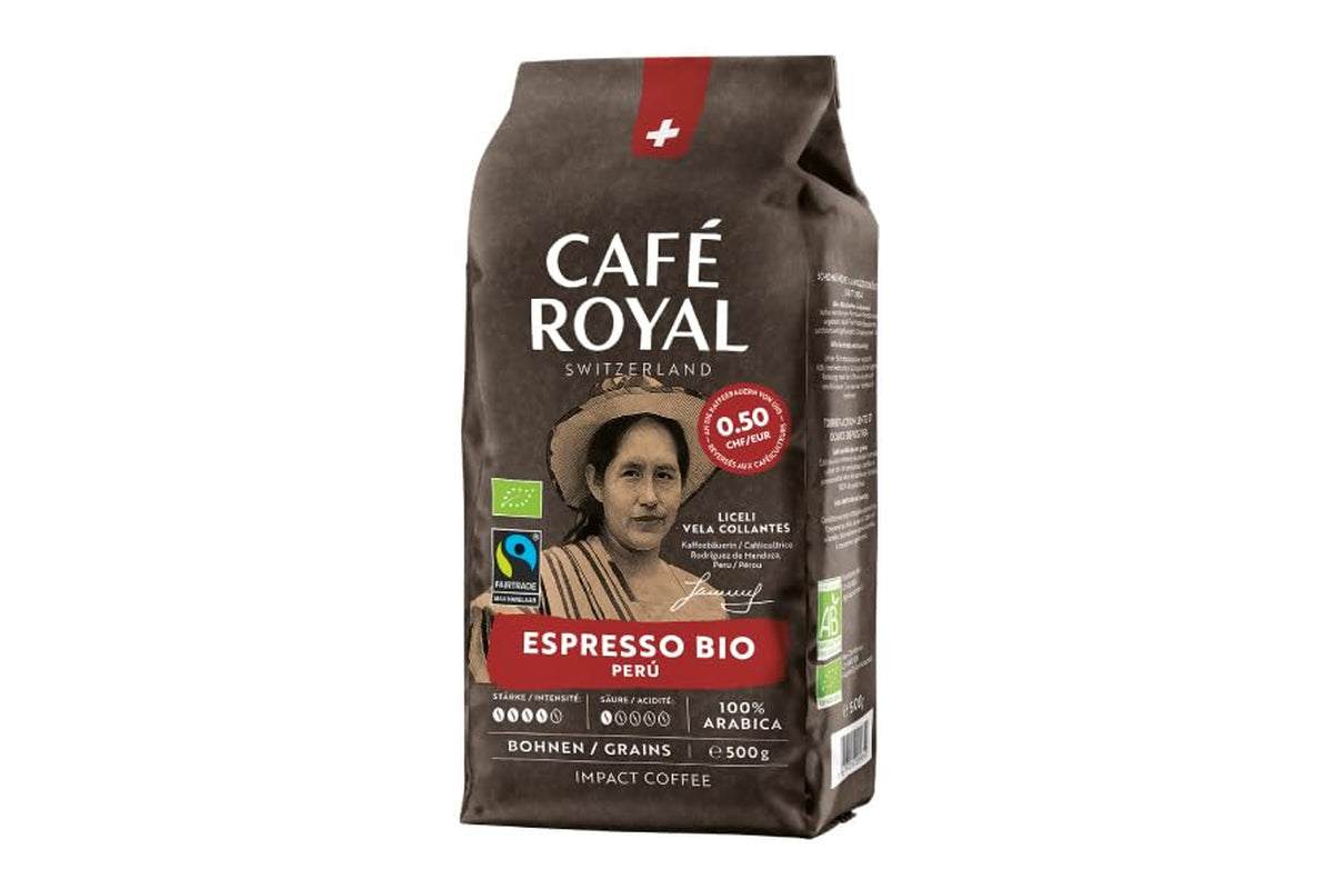 Café Royal Bio Espresso Peru – 100% Arabica Kaffeebohnen, aromatisch-intensief, dunkle Röstung, Stärke 4/5, Bio & Fairtrade, 500 g ganze Bohnen