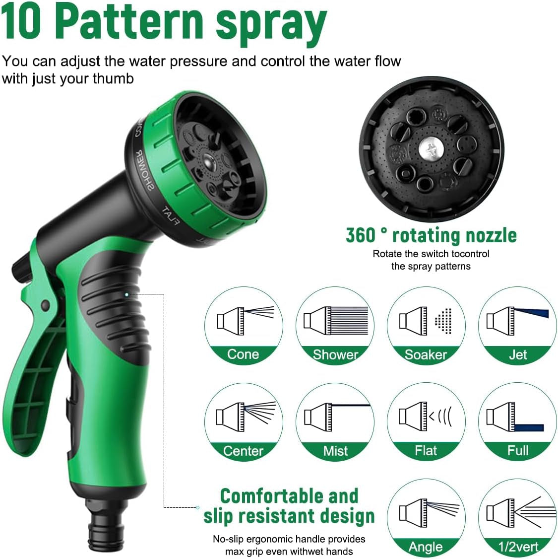 30 m/100 ft groene flexibele tuinslang met sproeikop en 3/4" en 1/2" messing connectoren 10 functies 3-voudig uitschuifbaar, geen knik, uitschuifbare waterslang voor tuinvloer, terrasauto
