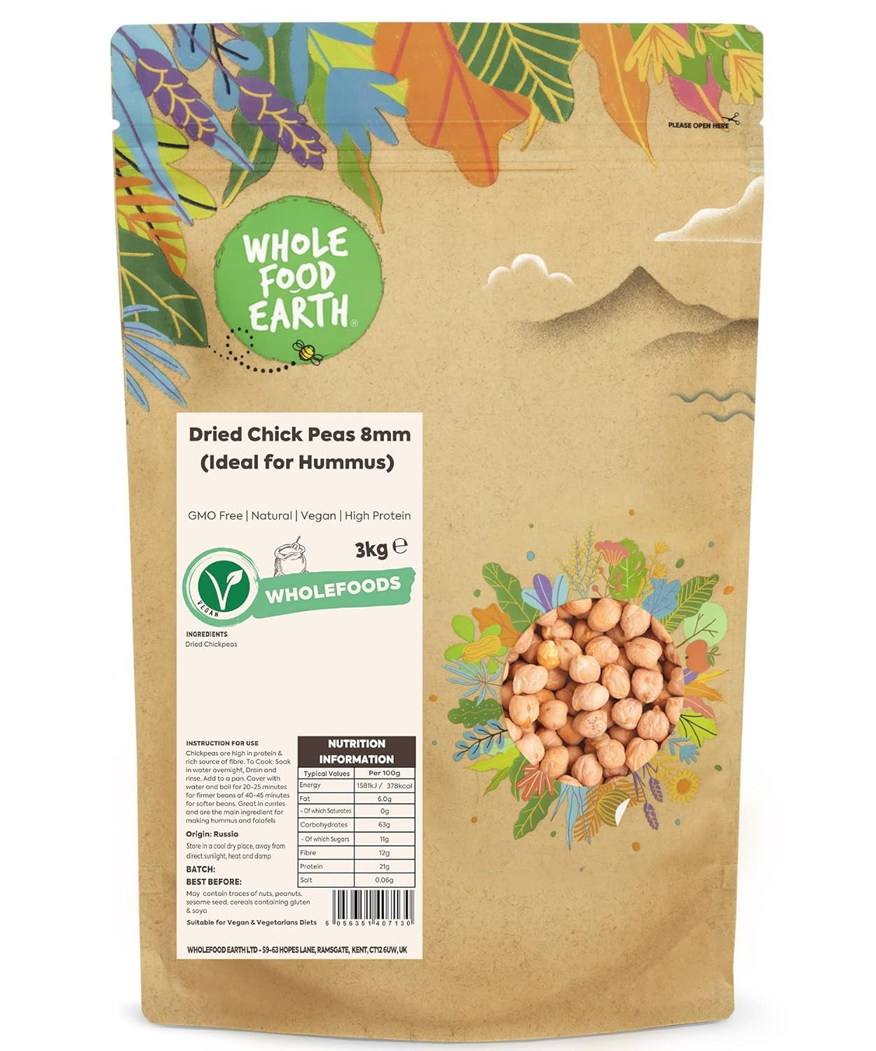 Wholefood Earth Kikkererwten, 8 mm (ideaal voor hummus), non-GMO, natuurlijk, veganistisch, zuivelvrij, geen toegevoegde suikers, 2kg