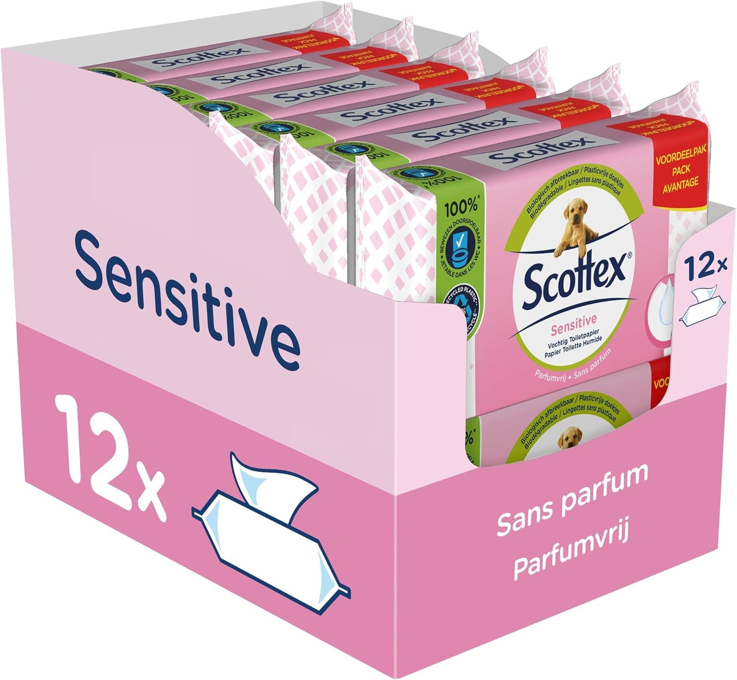Gevoelig nat toiletpapier, 38 diensten (38 diensten X 12 pakken, 456 diensten in totaal)