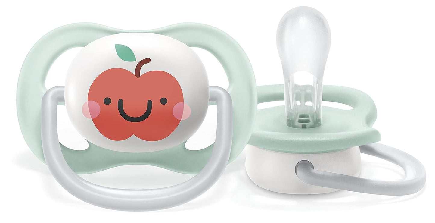 Philips AVENT ultra air-fopspeen - 2-pack, BPA-vrij, ademend, voor baby's 0-6 maanden, inclusief draagtas en sterilisatie, appel/peer (model SCF080/17)