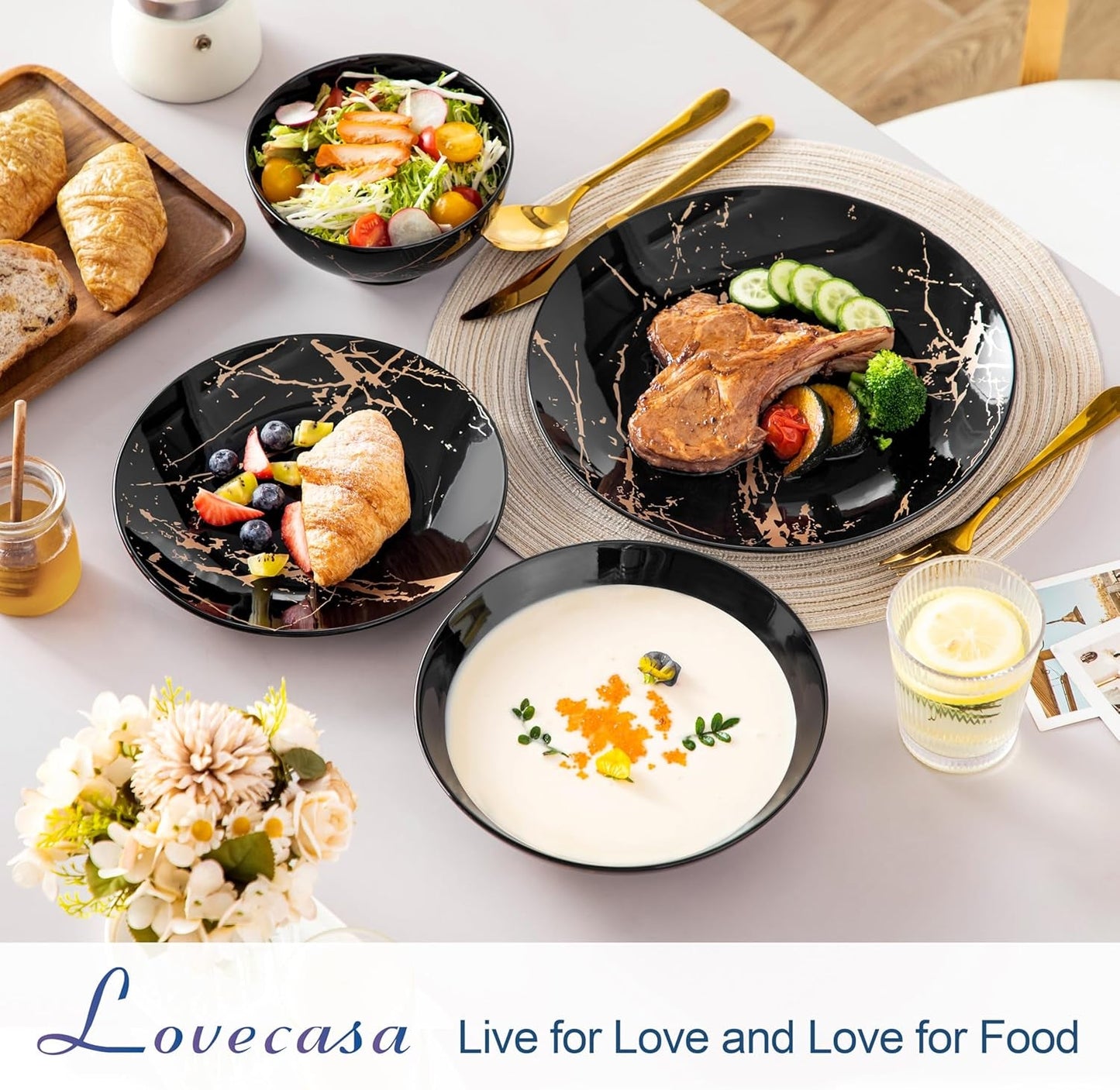 LOVECASA Daphne-serie porseleinen serviesset SWEET 24-delige combinatieset gouden design dinerborden dessertborden ontbijtgranenschalen en dinerborden voor 6 personen
