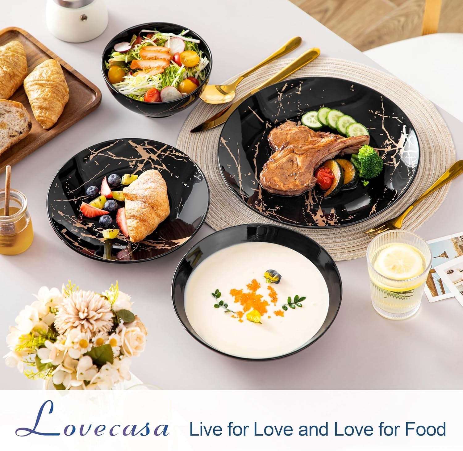 LOVECASA Daphne-serie porseleinen serviesset SWEET 24-delige combinatieset gouden design dinerborden dessertborden ontbijtgranenschalen en dinerborden voor 6 personen