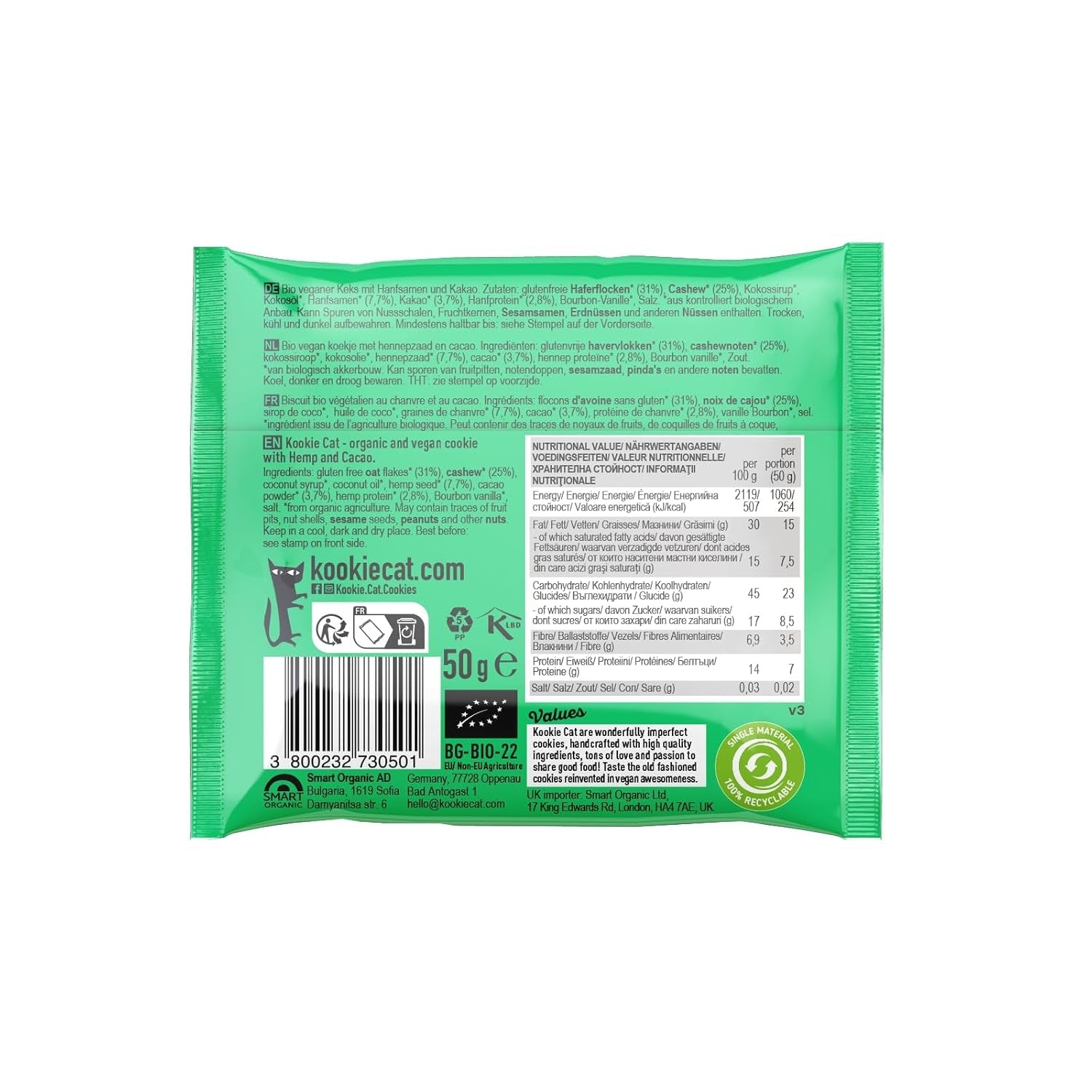 Hennepzaad en cacao - Individueel verpakte veganistische glutenvrije sojavrije biologische cashew- en haverkoekjes - 12 x 50 g multipack