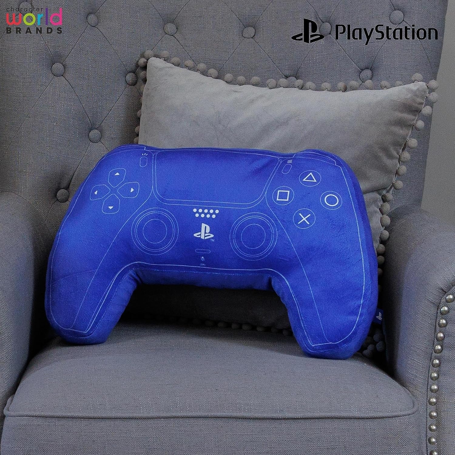 Karakterwereld: officieel gelicentieerd PlayStation-controllervormig kussen, handsetontwerp, gevuld pluchen kussen | Perfect voor slaapkamer- of speeldecoratie, blauwe standaardkussens van Naty Shop