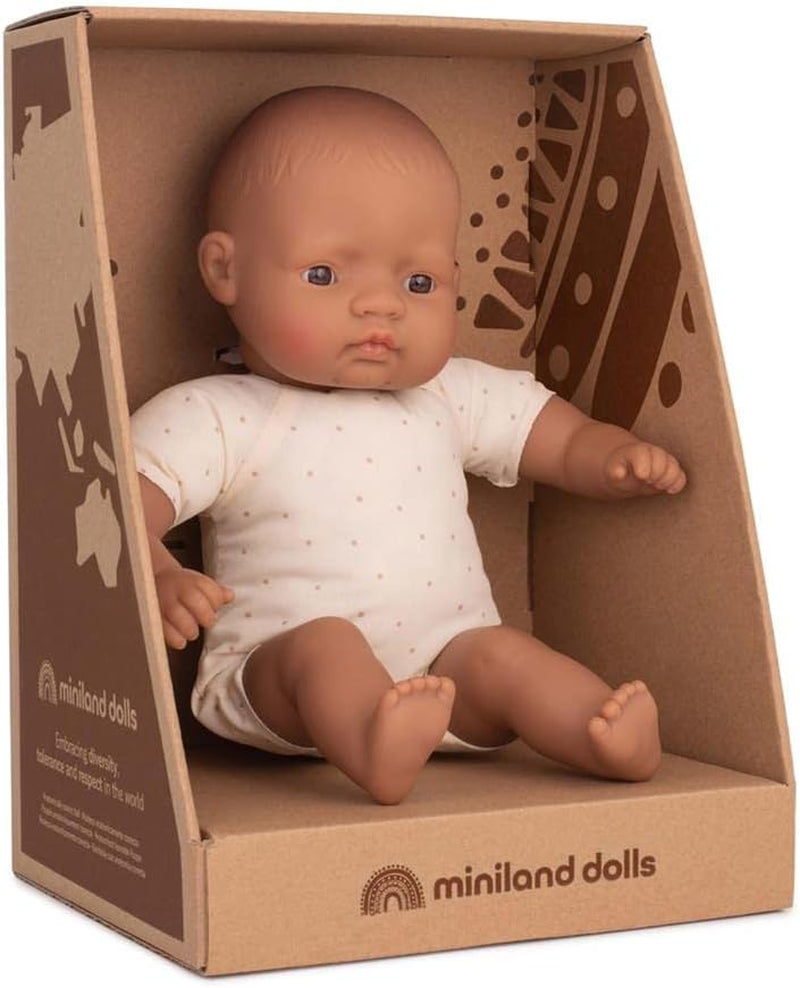 Miniland-poppen: Latijns-Amerikaanse pop, 32 cm, lijfje van zachte stof, geschenkdoos
