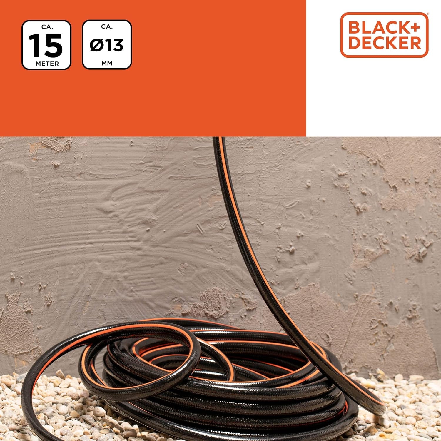 BLACK+DECKER Tuinslang 15 meter - Ø13MM - Duurzaam PVC - Tuin besproeien, auto wassen, zwembad vullen - Compatibel met elke standaard kraan - Zwart/Oranje