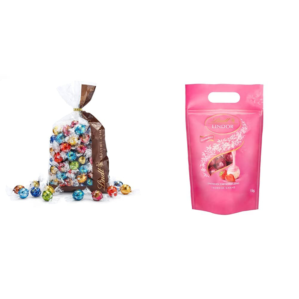 Chocolademix LINDOR | 1371 gram | Ongeveer. 109 bolletjes: Melkchocolade en LINDOR bolletjes met aardbeienroom | Zak van 1 kg, ca. 80 chocoladebolletjes witte chocolade met aardbeiencrème