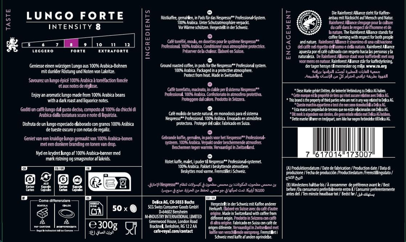 Café Royal Professional Pads, Lungo Forte, 50 Nespresso (R) Professional compatibele Pads voor Office en Gastronomie, Rainforest Alliance gezertifiziert, 100 Prozent Arabica Kaffee, Intensiteit 8