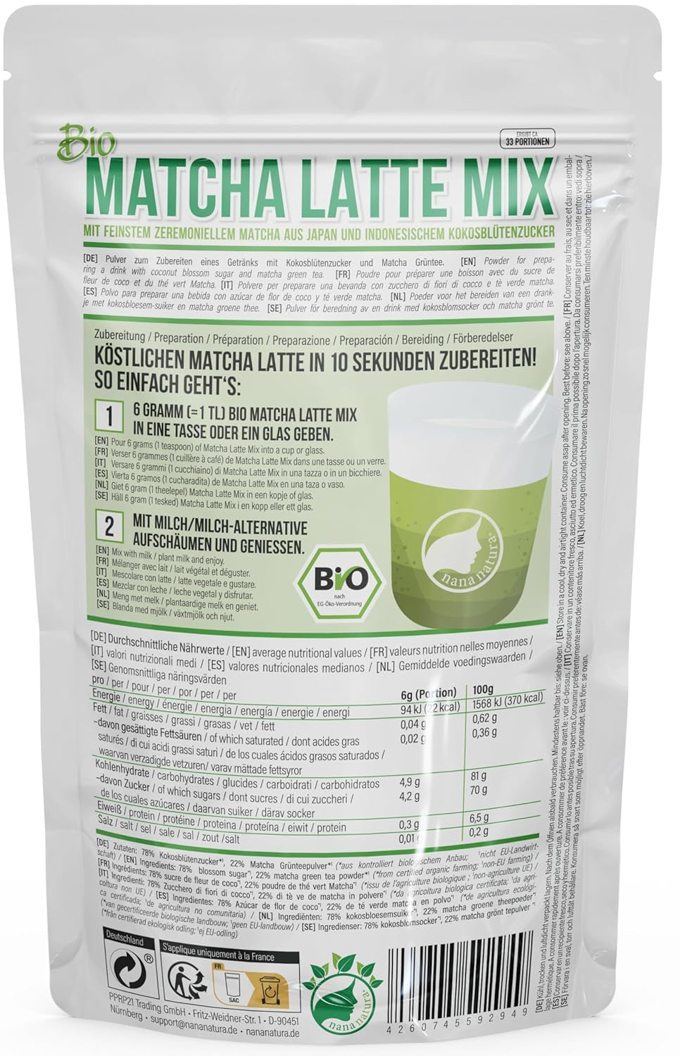 Nananatura'S Bio Matcha Latte Mix met 22% groene theepoeder van ceremoniële kwaliteit uit Japan | Voor eenvoudig en lekker genieten van thee | Ook geschikt voor ijs en gebak