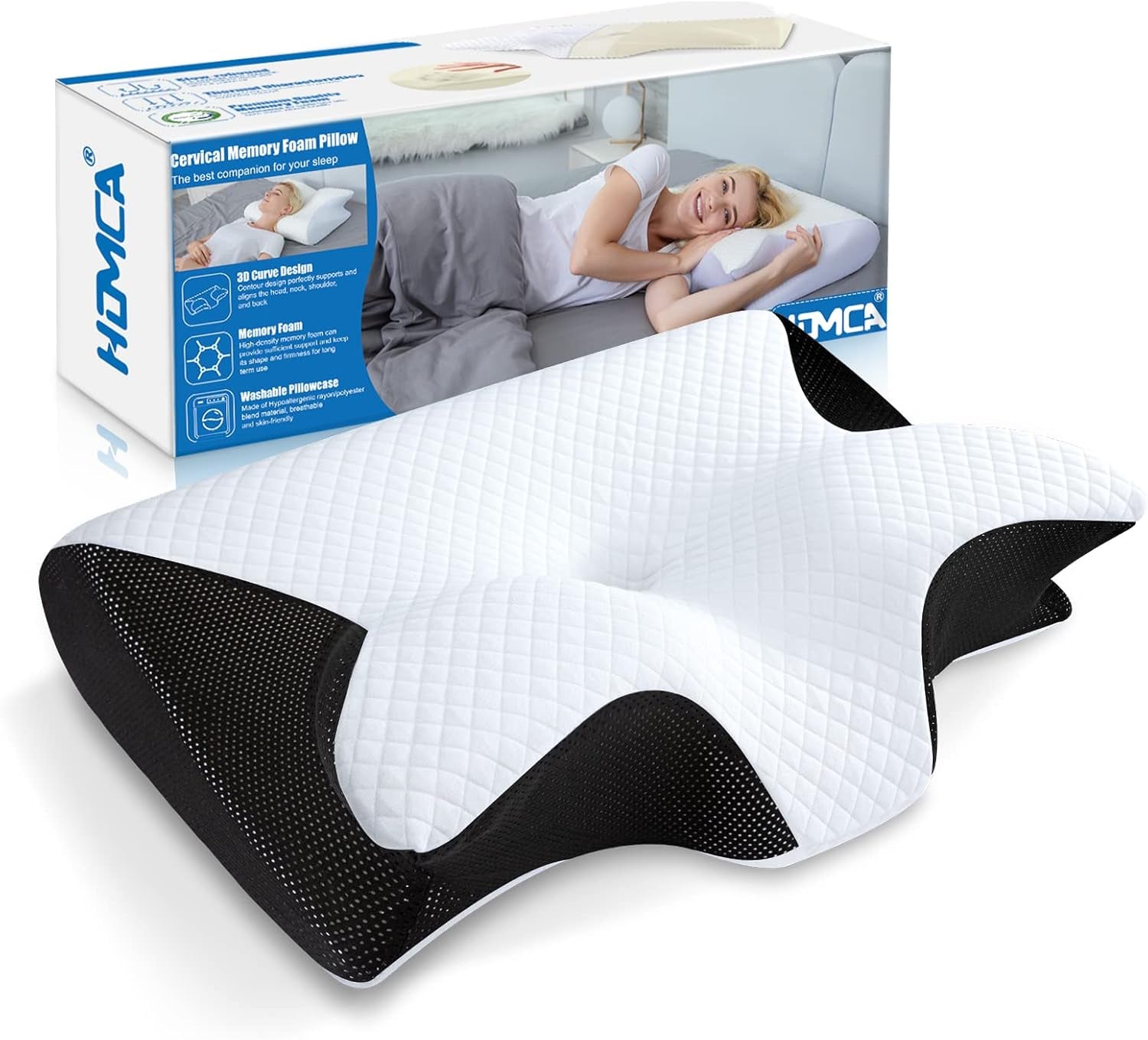 HOMCA Nekkussen Orthopedisch kussen 2 in 1 Memory Foam Kussen Neksteunkussen Ergonomisch hoofdkussen voor rug-, zij- en buikpijn 60 X 13/11 X 40cm Cervicale orthopedische kussens Naty Shop Zwart