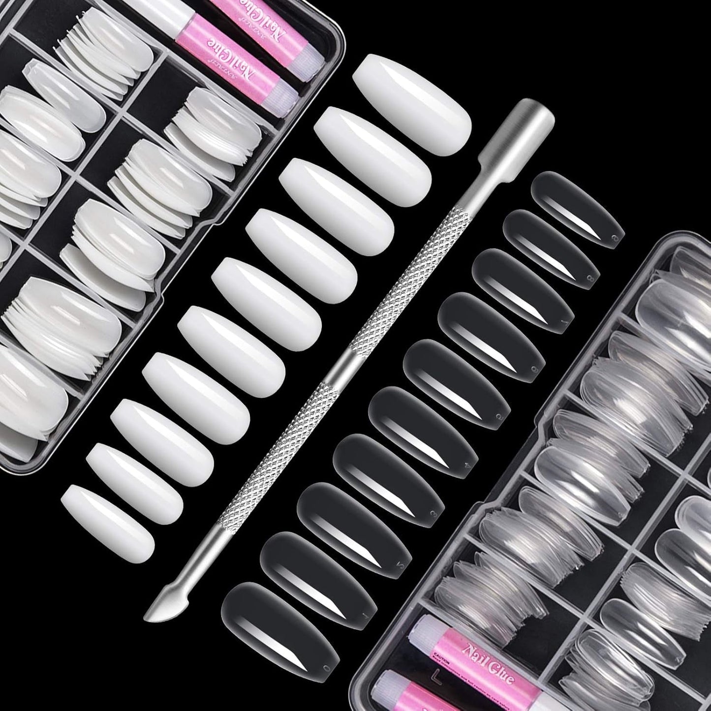 200 stuks valse nageltips 10 maten acryl kunstnagels met nagelriemschuiver en doorzichtige doos voor vrouwen en meisjes (natuurlijk en transparant)