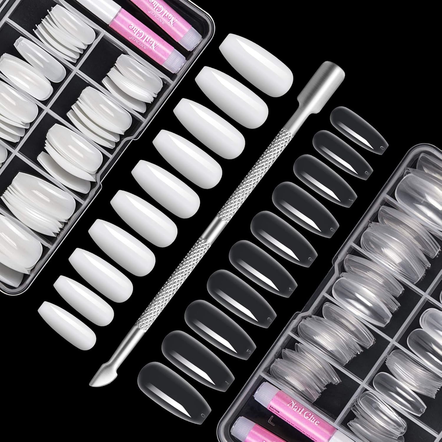 200 stuks valse nageltips 10 maten acryl kunstnagels met nagelriemschuiver en doorzichtige doos voor vrouwen en meisjes (natuurlijk en transparant)