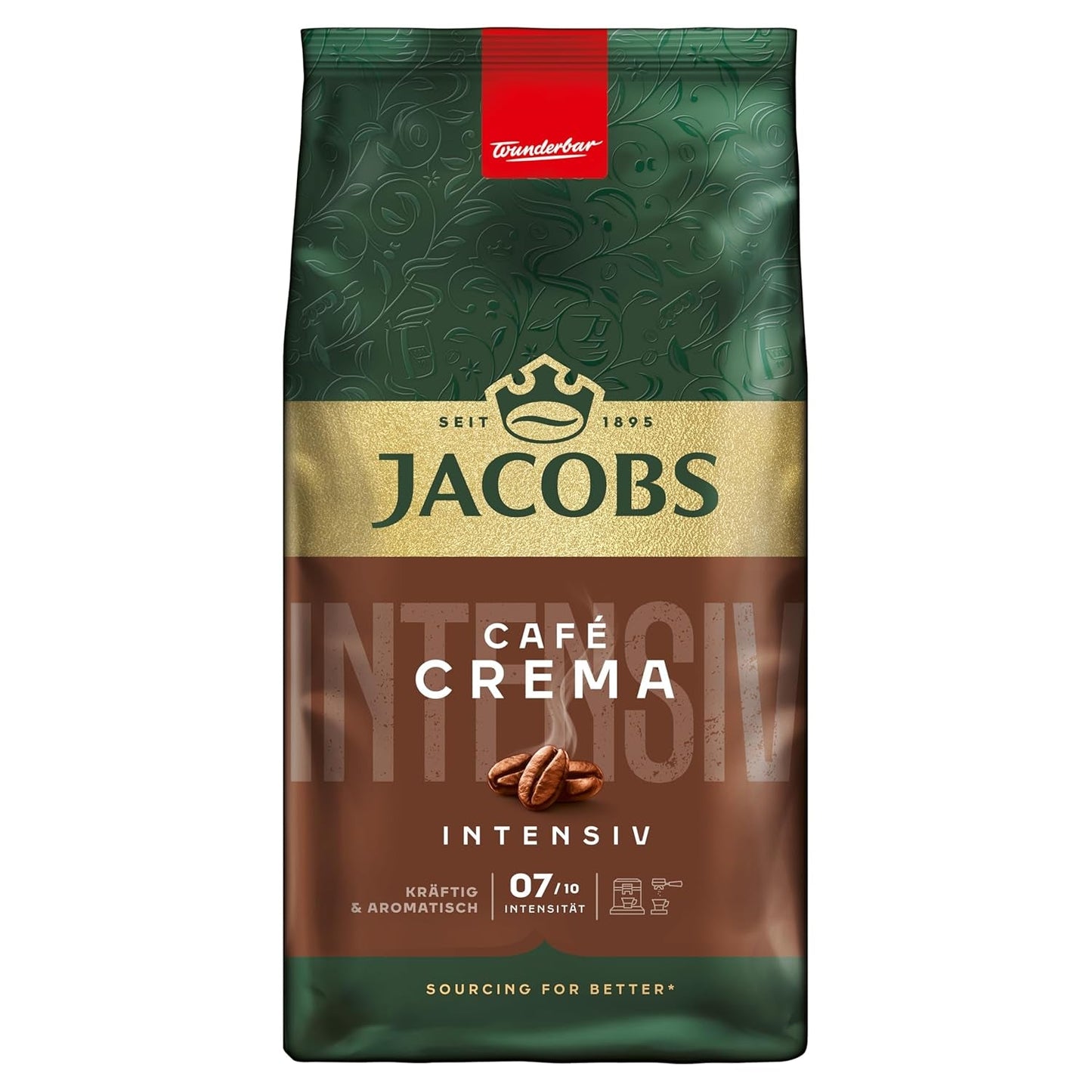 Jacobs Café Crema Gold Kaffeebohnen 1Kg – Vollmundig, Aromatisch, Fruchtige Noten, Arabica & Robusta Bohnen, Intensität 5/10, Ideaal voor Café Crema Naty Shop Café Crema Intensiv 1 Kg