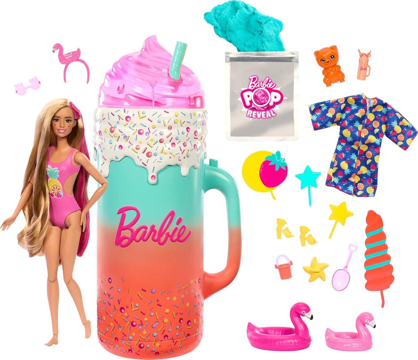 BARBIE Pop Reveal Rise & Surprise Gift Set - 15+ verrassingen, waaronder 1 Barbie-pop, strandaccessoires voor speels en fruitig plezier voor kinderen vanaf 3 jaar, HRK57