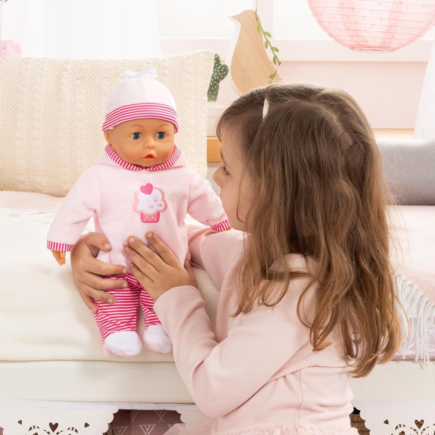 Babypuppe Eerste Woorden met Schlafaugen, spricht 24 Babylaute, met Schnuller en Flasche, 38 cm, Rosa/Streifen