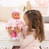 Babypuppe Eerste Woorden met Schlafaugen, spricht 24 Babylaute, met Schnuller en Flasche, 38 cm, Rosa/Streifen