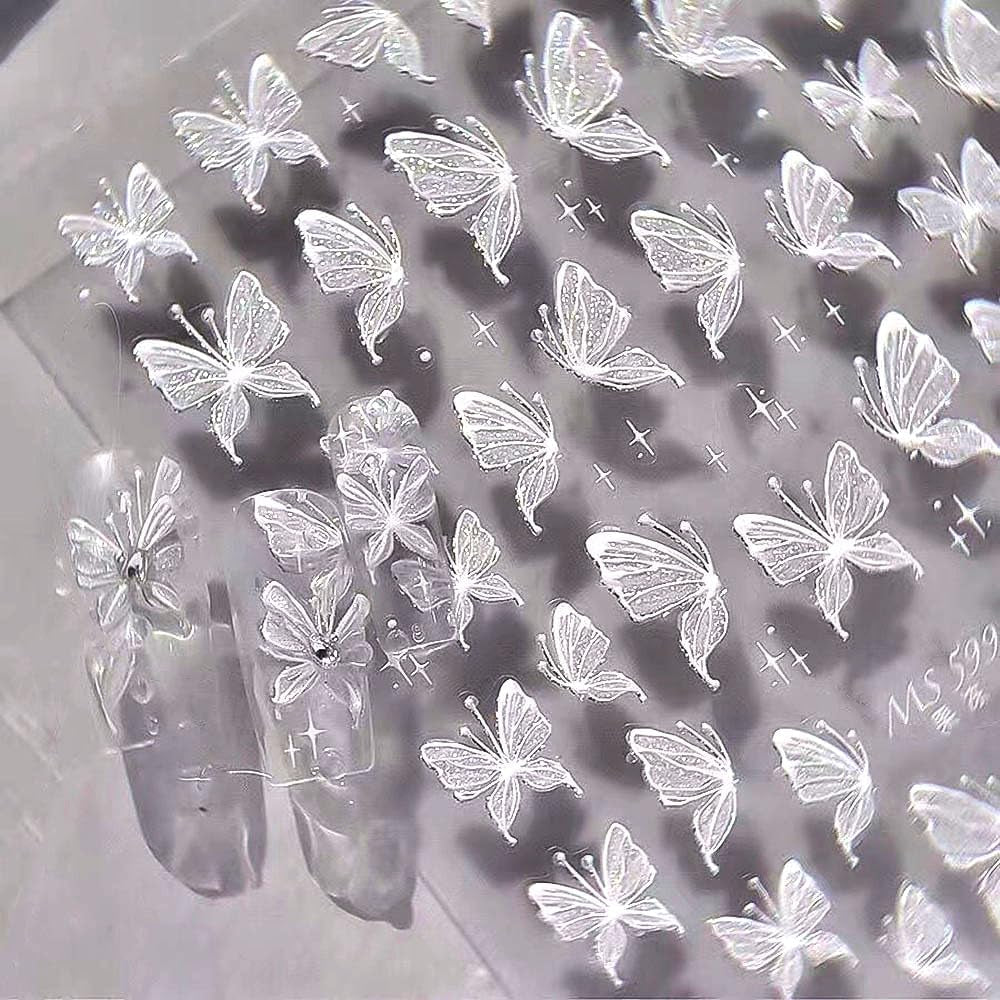 Aurora Muschel Schmetterling Nagelsticker Weiß Schmetterlinge Nagelsticker Gelee Relief Butterfly Nagelaufkleber Y2K Vlinders Nagelsticker Nägel Nageldesign Nagel Zubehör Nail Art Stickers Nailart