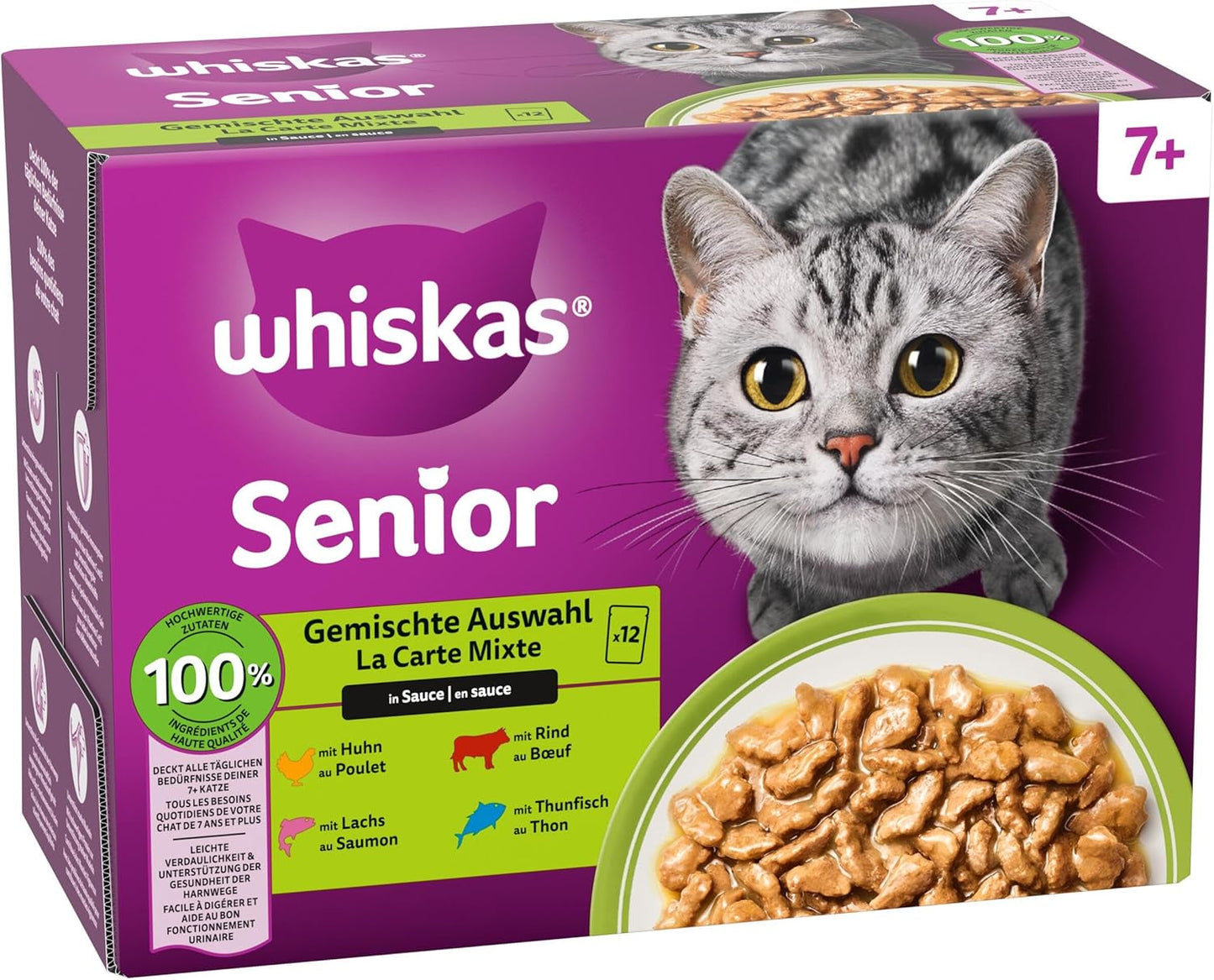 Whiskas Senior 7+ Natvoer Gemengde Selectie in Saus, 48 ​​Zakjes, 12x85g (4 stuks) - Hoogwaardig natvoer voor katten van 7 jaar en ouder