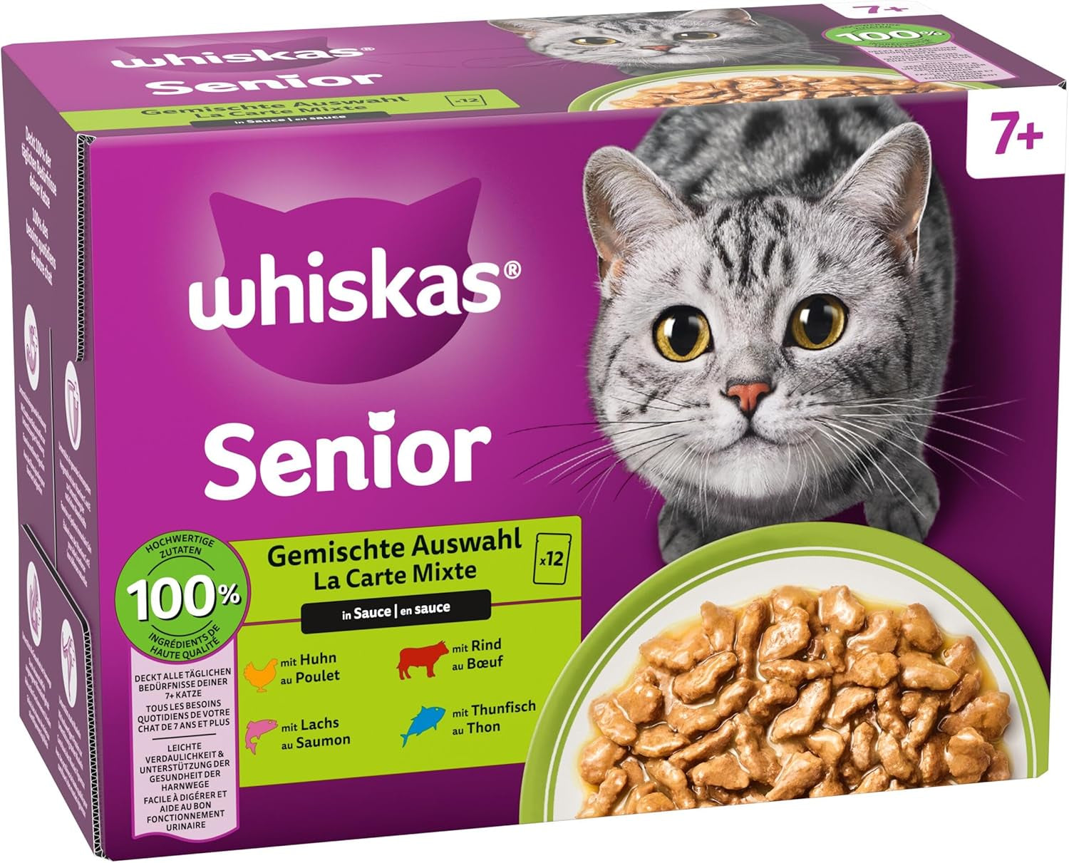 Whiskas Senior 7+ Natvoer Gemengde Selectie in Saus, 48 ​​Zakjes, 12x85g (4 stuks) - Hoogwaardig natvoer voor katten van 7 jaar en ouder