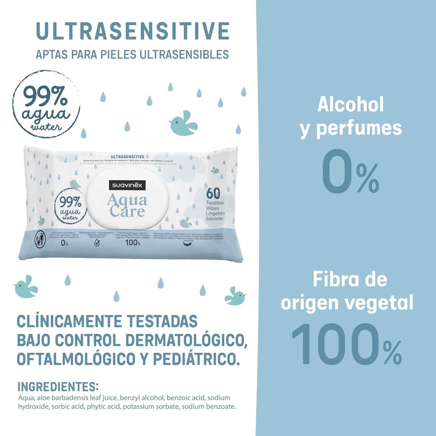 Suavinex Aqua Care Baby Natte Doekjes 60 Stuks Reinigingsdoekjes 99% Water Plantvezels Aloë Vera Geurvrij Alcoholvrij Dermatologisch getest Geschikt voor de gevoelige huid