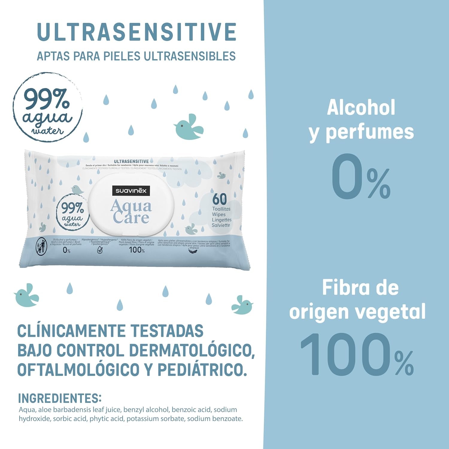 Suavinex Aqua Care Baby Natte Doekjes 60 Stuks Reinigingsdoekjes 99% Water Plantvezels Aloë Vera Geurvrij Alcoholvrij Dermatologisch getest Geschikt voor de gevoelige huid