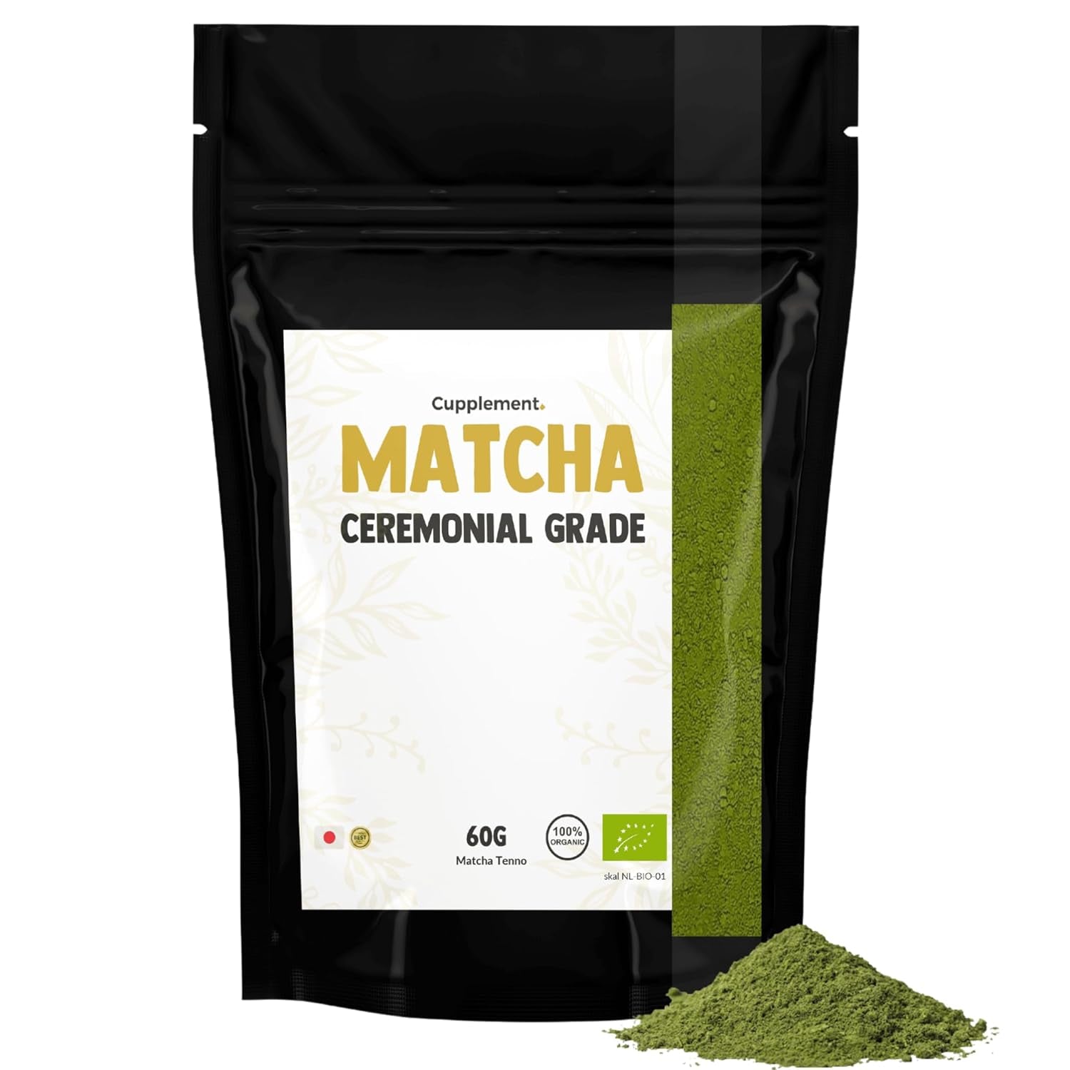 Cupplement Matcha 90 gram biologisch - Hoogste kwaliteit groene thee in poedervorm - Geen bamboe garde en draad - Culunair - Beginnersset - Latte - Garde - Japan - Poeder - Thee - Draad - Zak - Smoothie