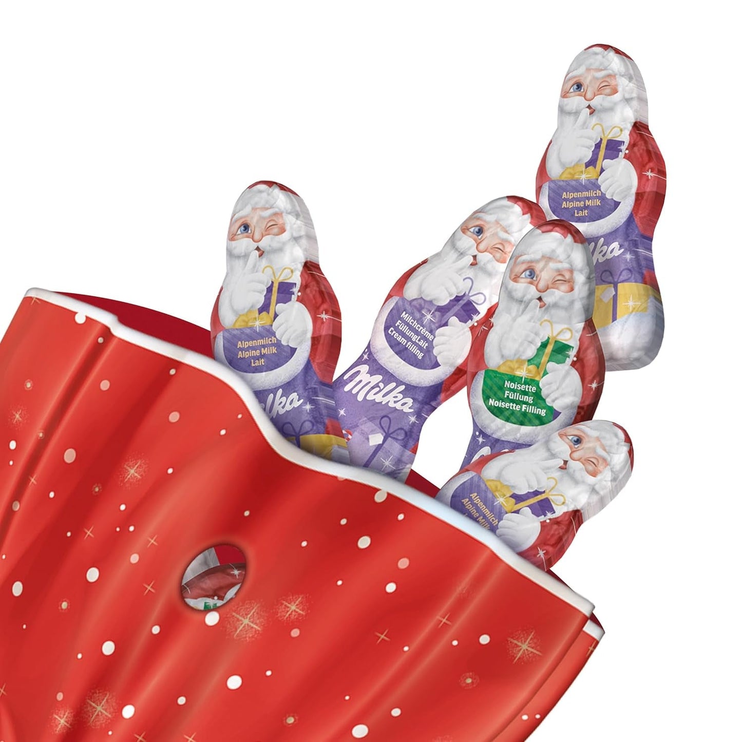 Milka Mini Santas – Alpenmelkmix, melkroom en hazelnoten in feestelijke individuele verpakking – 120g