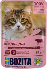 Bozita Pouch Natvoer stukjes in rundvleessaus - 12 zakjes x 85g Graan- en tarwevrij natvoer voor katten - Natvoer voor volwassen katten met 8,5% eiwit en 4,5% vet