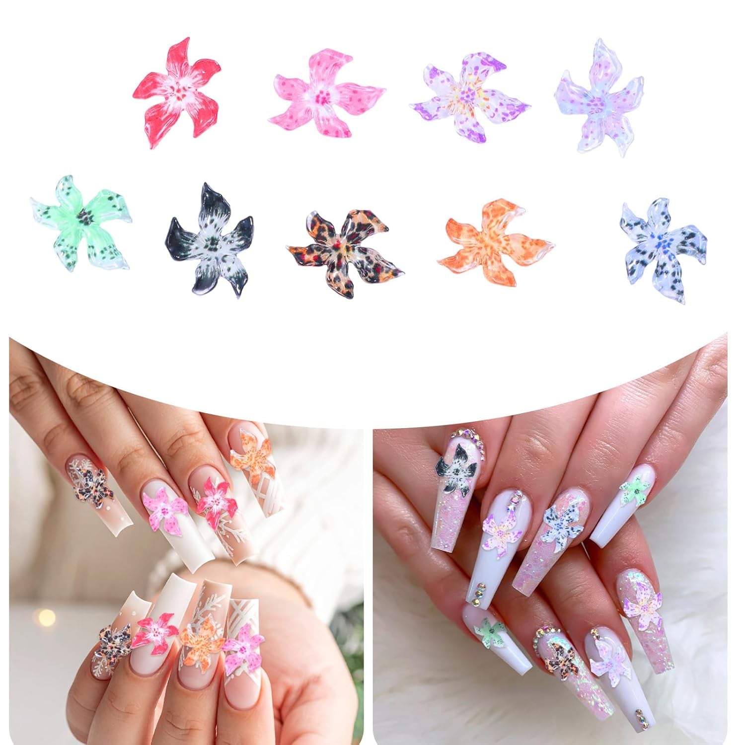 50 stuks 3D Blumen Nägel Nail Charms Bunt Gelee Weich Kleber Lilie Flower Blume Nagel Hibiscus Zubehör Nageldesign Eis Kristall Geprägt Farbverlauf Lilien Für Mädchen Frauen Diy Basteldekoration