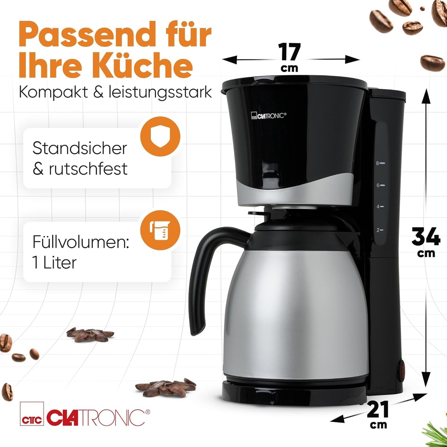 Clatronic® koffiezetapparaat met thermoskan | voor 8-10 koppen koffie | zonder temperatuurverlies | koffiezetapparaat met filter | 1 liter | Espresso | Filterkoffiezetapparaat met thermoskan | KA 3327 zwart