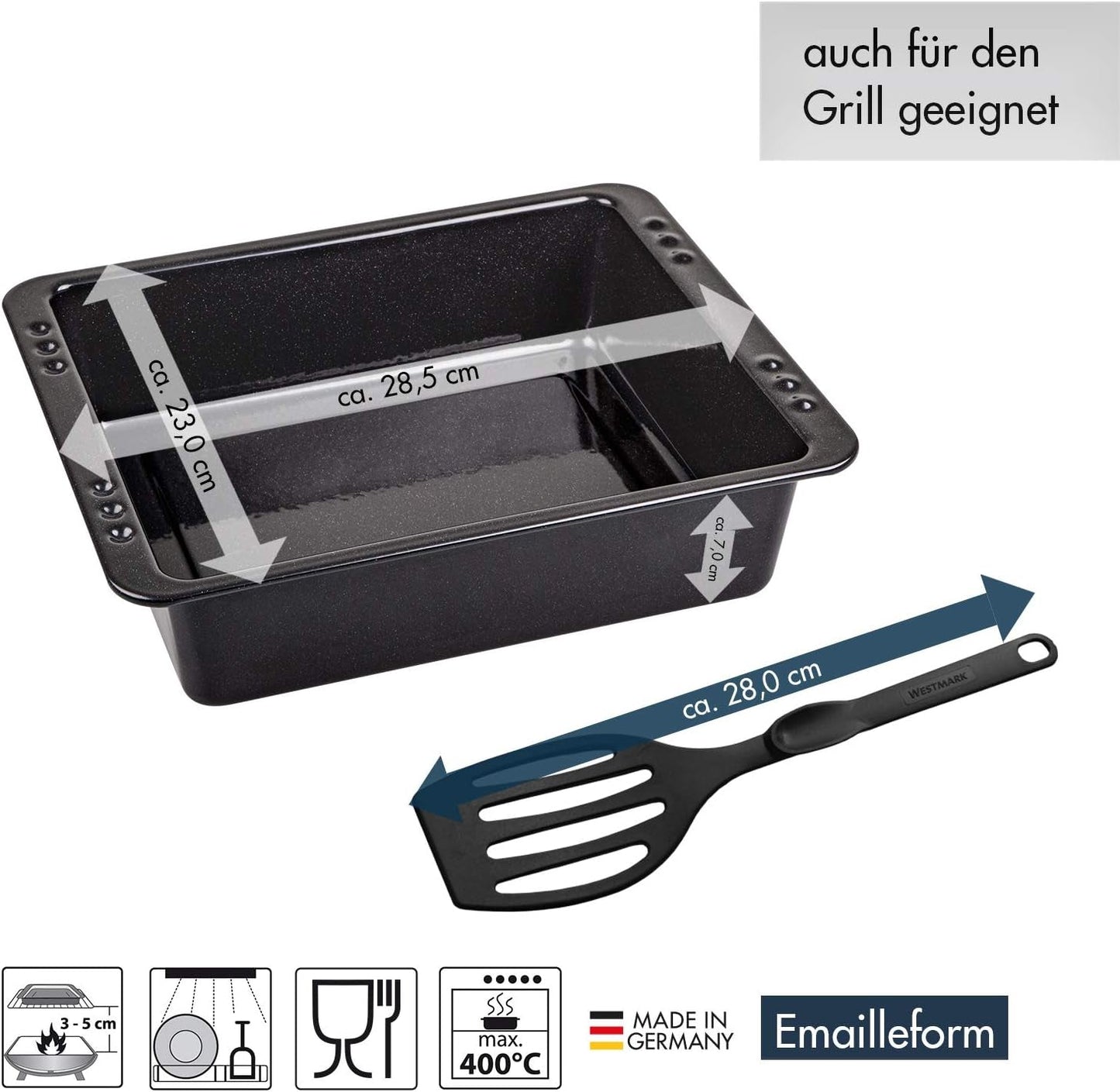 Chg SET 341-46-60 Extra Tiefe Ofenform (7,0 Cm) "Emaille" Mit Profi-Pfannenwender", Schwarz Gesprenkelt Vormen en bakplaten Naty Shop