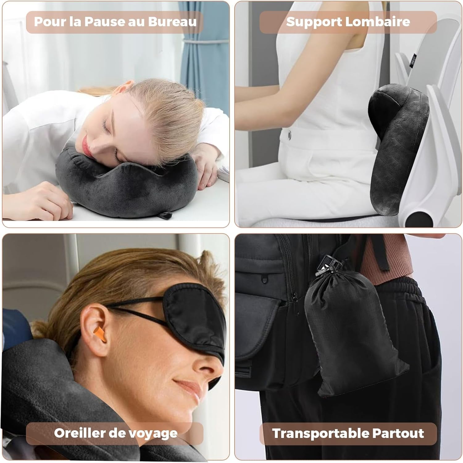 Opblaasbaar reiskussen, reiskussen met slaapmasker + oordopjes + draagtas, superlicht en draagbaar, ideaal voor vliegtuig, auto, huis, kantoor, zwart Naty Shop reiskussens