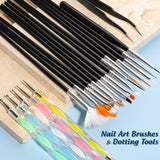 FANDAMEI Pinsel Für Gelnägel, 15 stuks Nagel Pinsel, 5 Blätter Nagelsticker, Strasssteine ​​​​Nägel, Nageldesign Set, Nageldesign Zubehör, Nail Art Pinsel Set, Nailart Pinsel en decoratieset