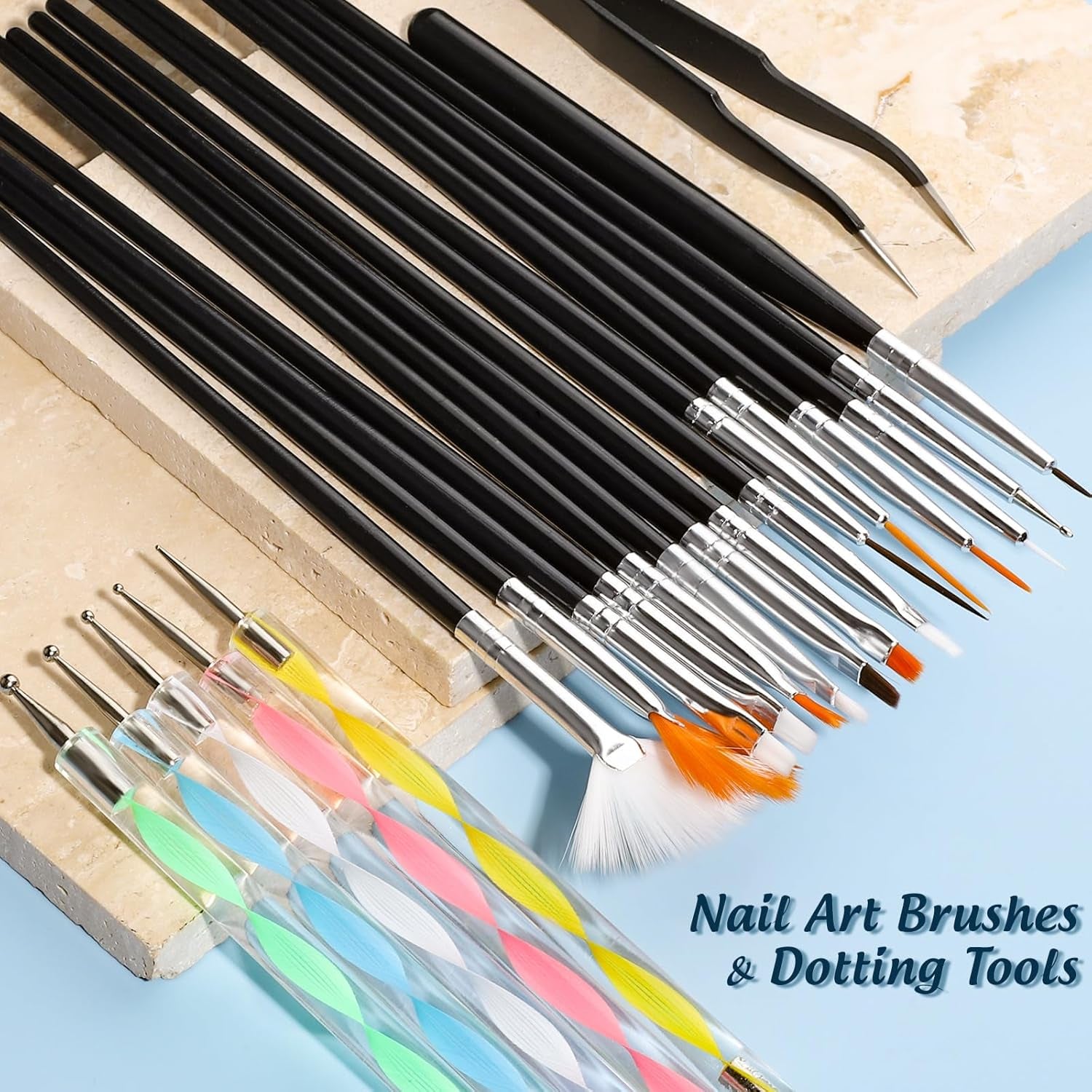 FANDAMEI Pinsel Für Gelnägel, 15 stuks Nagel Pinsel, 5 Blätter Nagelsticker, Strasssteine ​​​​Nägel, Nageldesign Set, Nageldesign Zubehör, Nail Art Pinsel Set, Nailart Pinsel en decoratieset