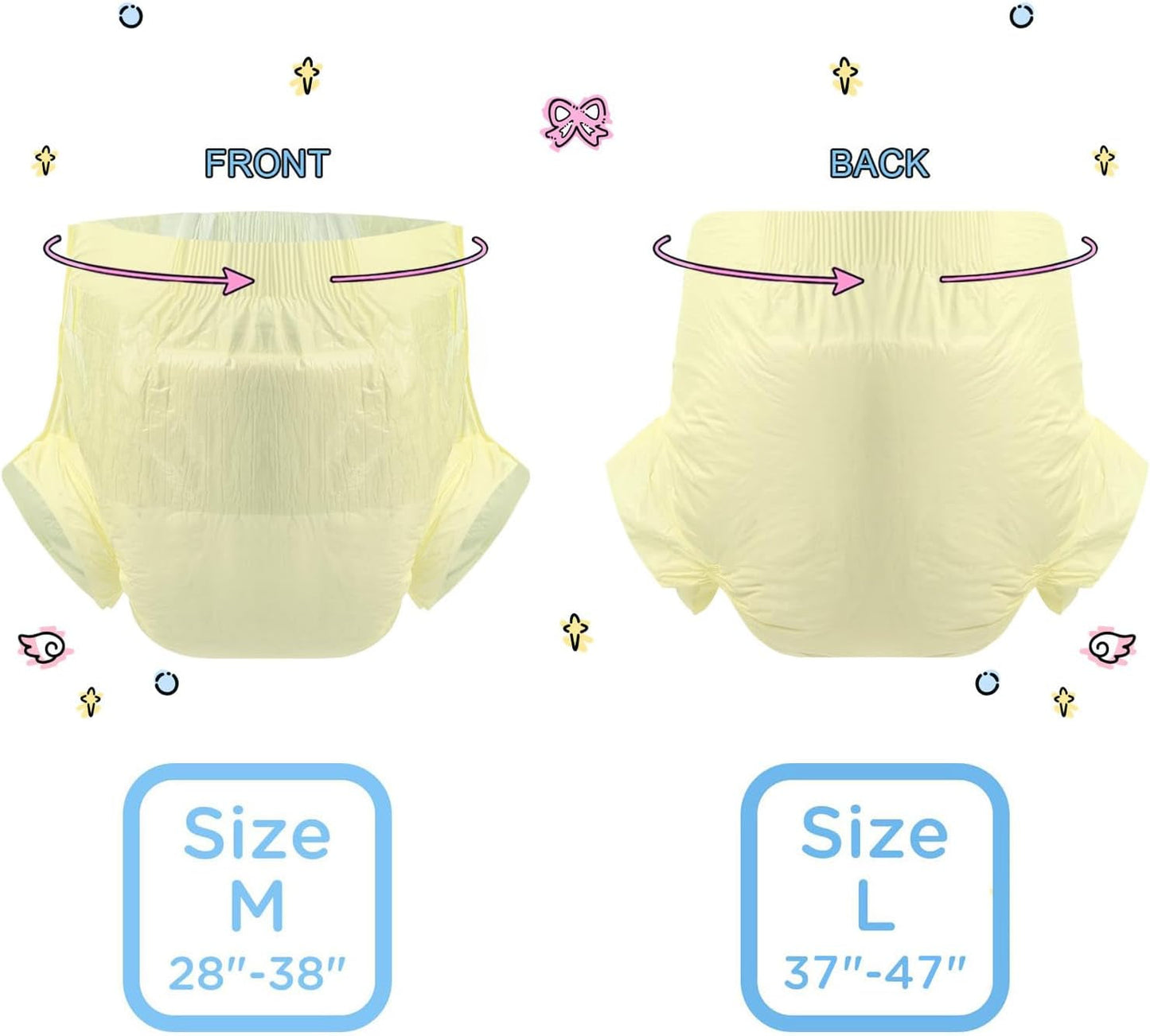 CutiePlusU luiers voor volwassenen, 10-pack wegwerpincontinentieslipjes met lussen voor dames en heren, maximaal absorptievermogen 's nachts - geel (middelgrote maat 71-96cm)