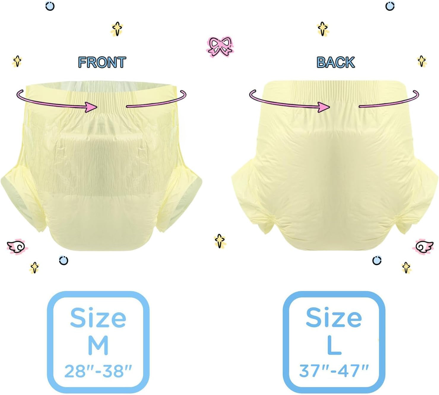 CutiePlusU luiers voor volwassenen, 10-pack wegwerpincontinentieslipjes met lussen voor dames en heren, maximaal absorptievermogen 's nachts - geel (middelgrote maat 71-96cm)