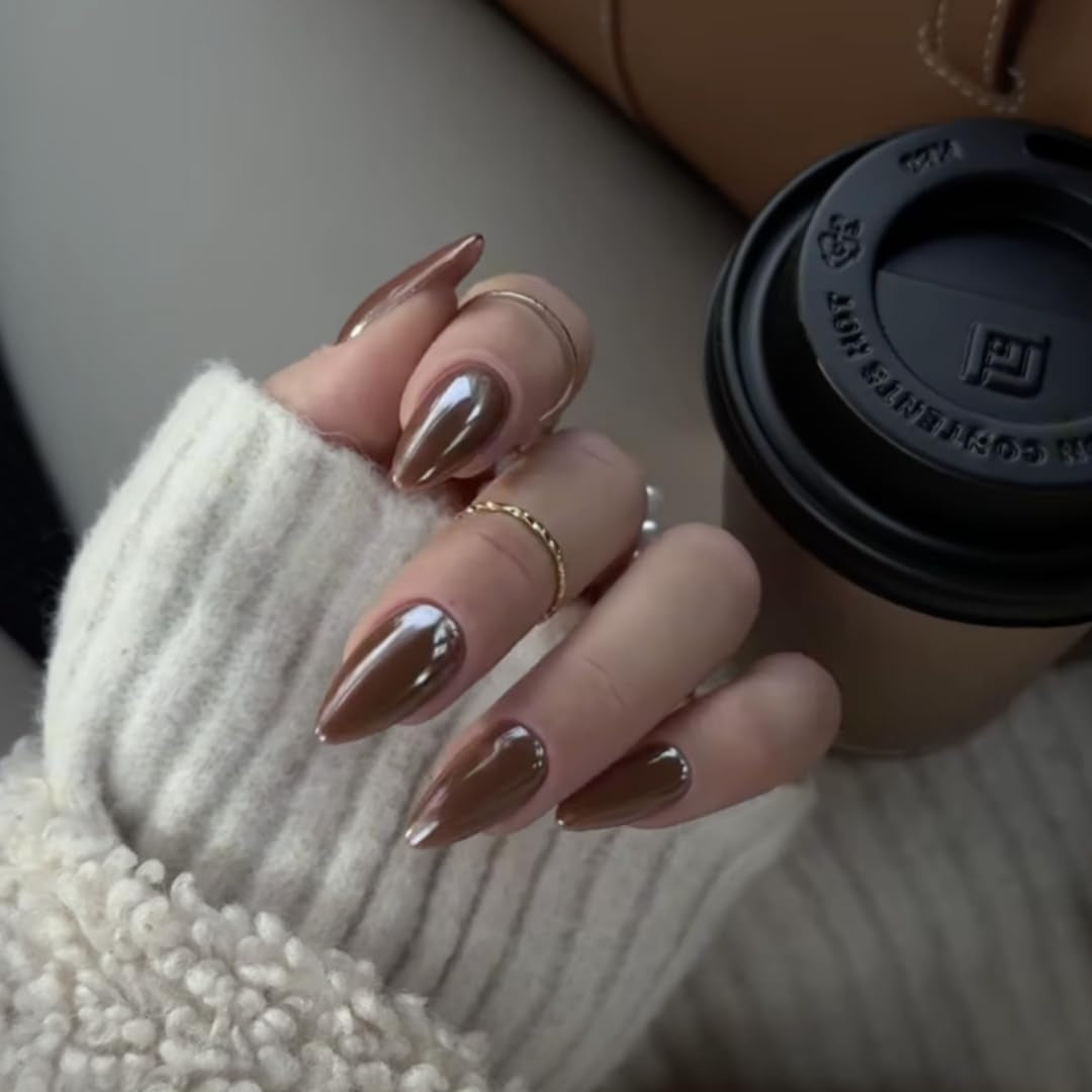 Zelfklevende chroomnagels - Medium amandelbruin Glitterlijm op nagels Glitter nepnagels Lijm op kunstnagels Geglazuurde acrylnagels voor dames 24 stuks