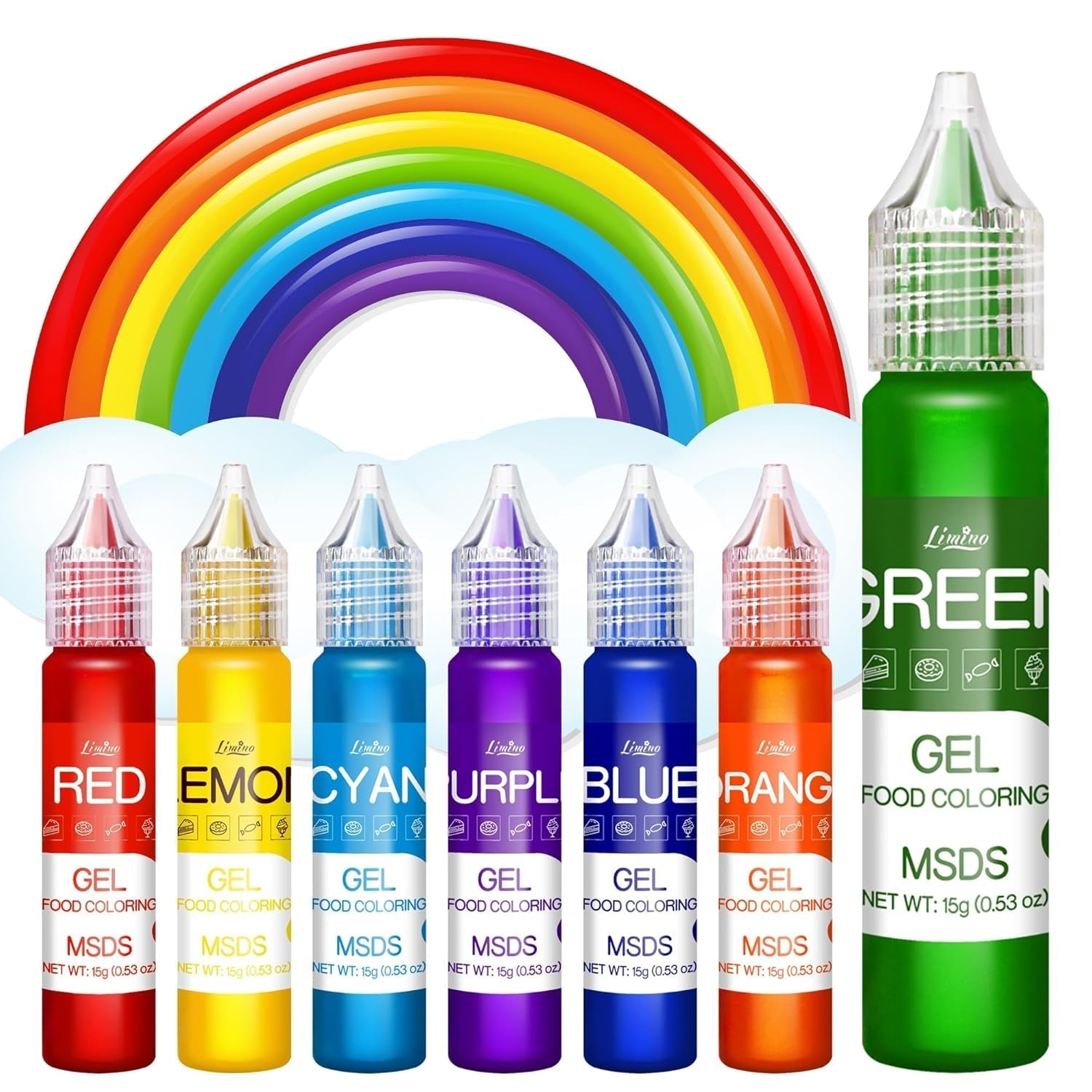 Gelvoedselkleuring - Regenboogkleurstof voor taarten, bakken, koekjes, bitterkoekjes - Geconcentreerde suikervrije kleurstof voor het versieren van taarten, drankjes, paaseieren, slijm - elk 15 g