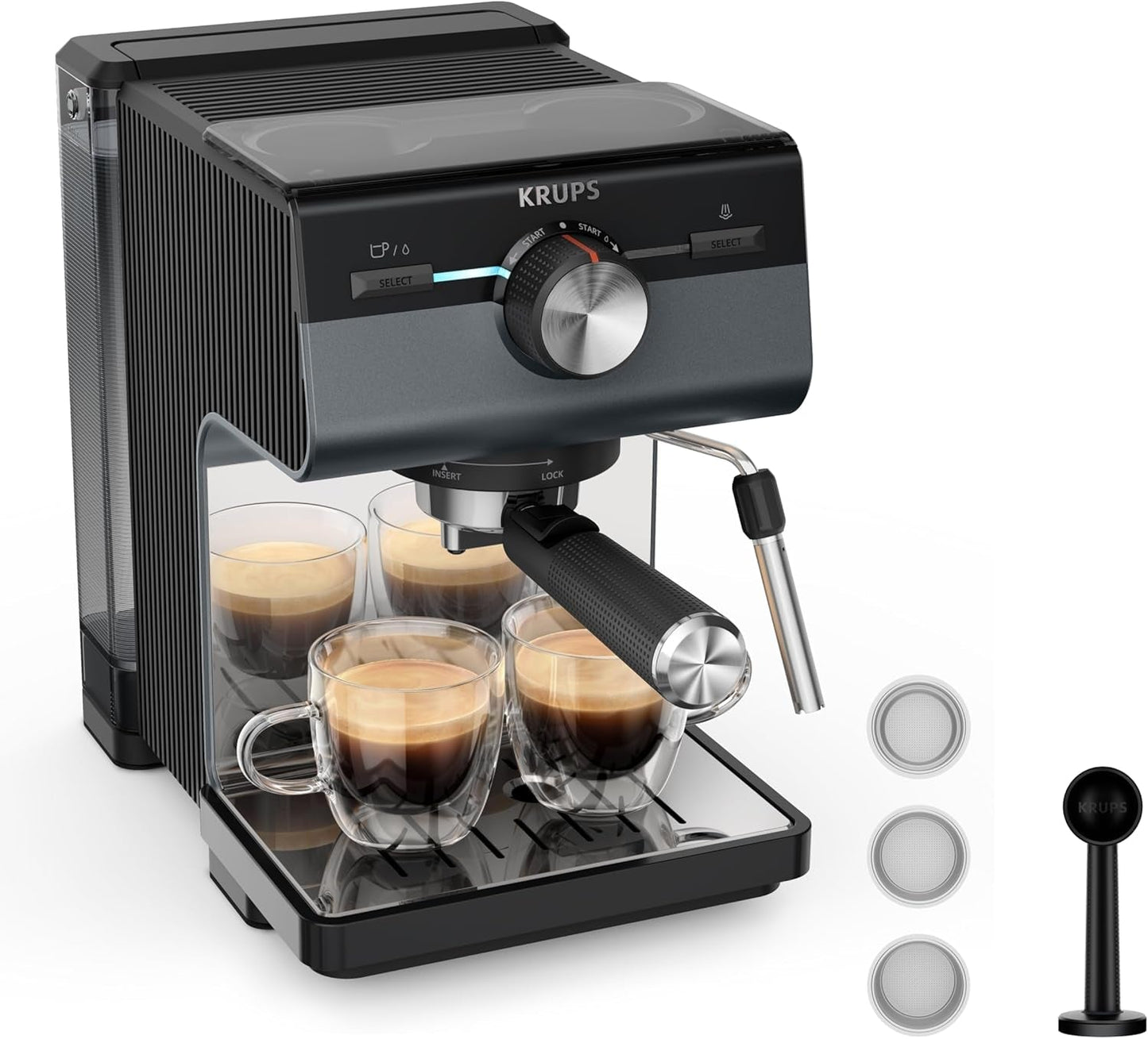 KRUPS Authentic+ espressomachine, 15 bar, intuïtieve bediening, uitgekiend design, stoompijpje, inclusief uitgebreide accessoires, Bullet Donkerzilver/RVS, XP384G10