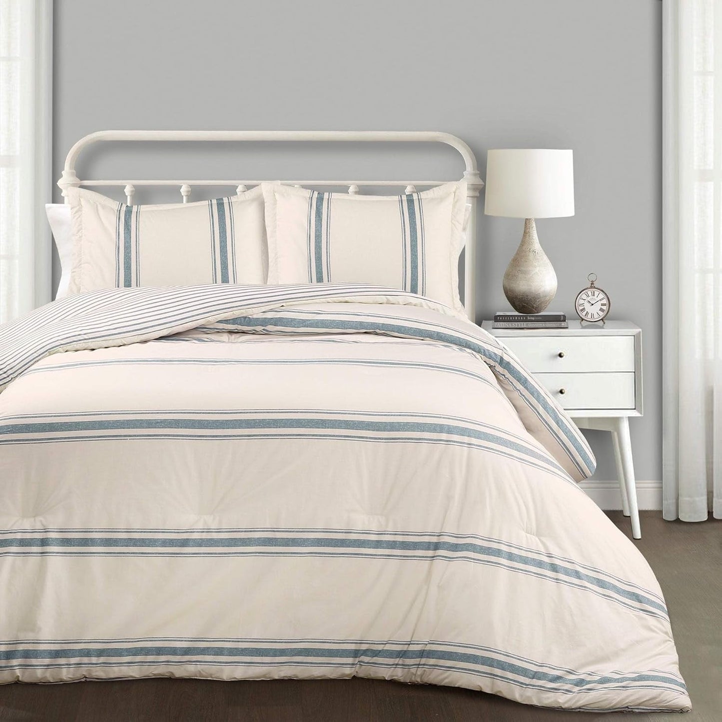 Weelderig decor gestreepte boerderijquilt, full/queen, grijze quilts en quilts Naty Shop King Blue