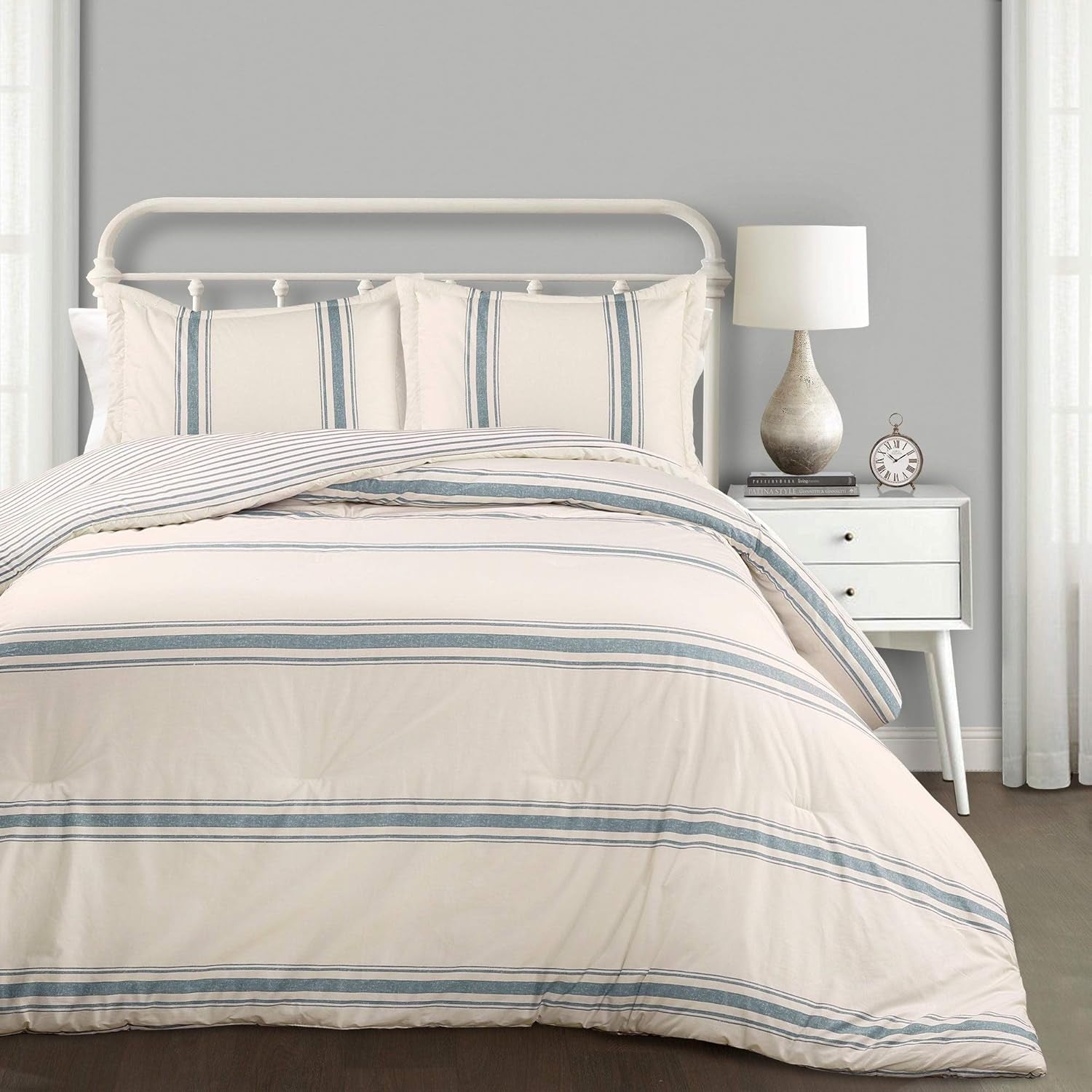 Weelderig decor gestreepte boerderijquilt, full/queen, grijze quilts en quilts Naty Shop King Blue