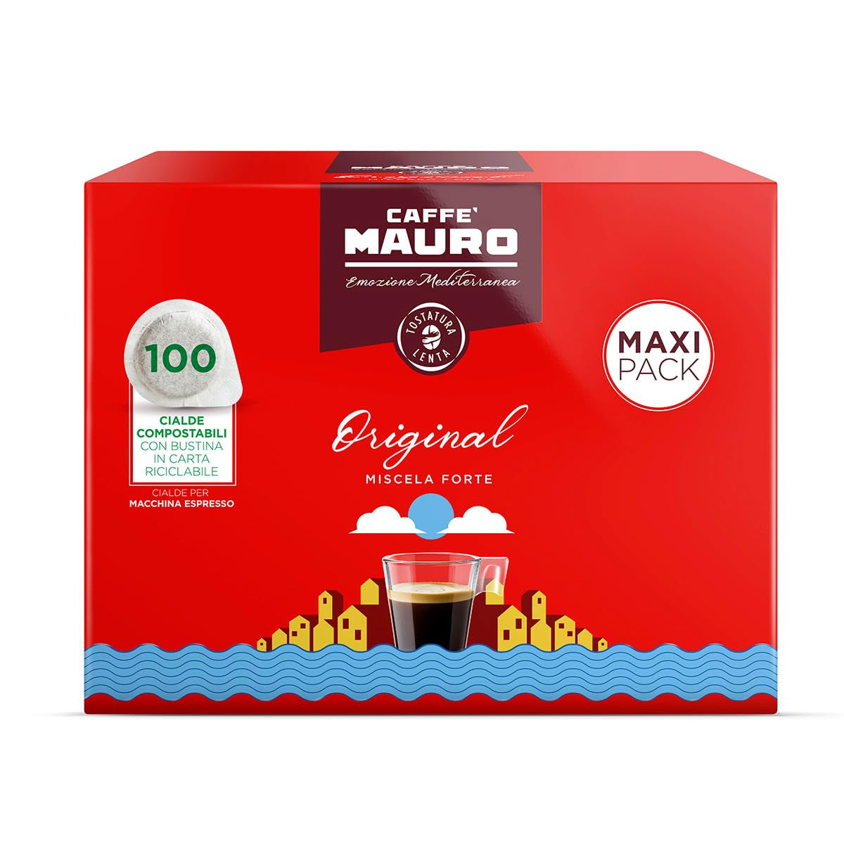 Caffè Mauro Torrefazione Kaffee Kompostierbare Pods, Recyclebare Verpackung, Originele Mischung - 100 stuks - Intensiteit 10/10 - Compatibel met ESE Systeem Papierblokken 44 mm